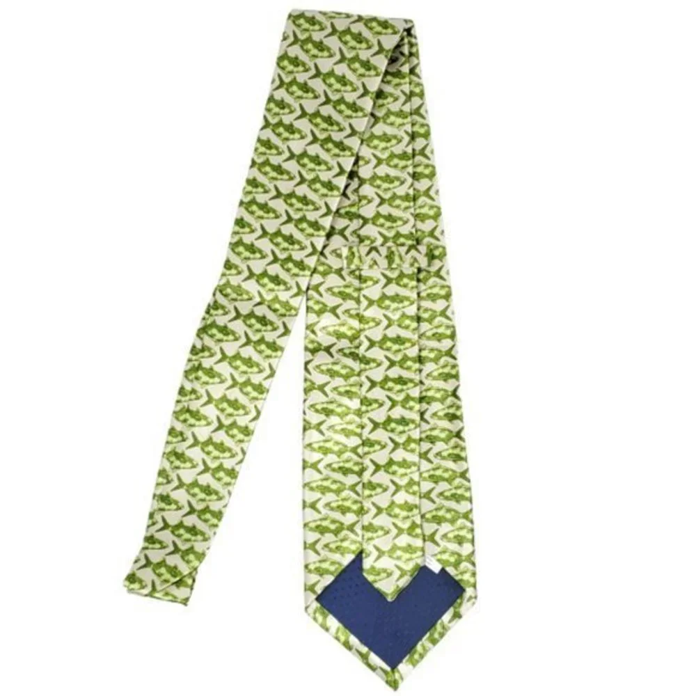 Fish Pattern Tie Necktie Green Ivory‎ Fishing Hunting Sports